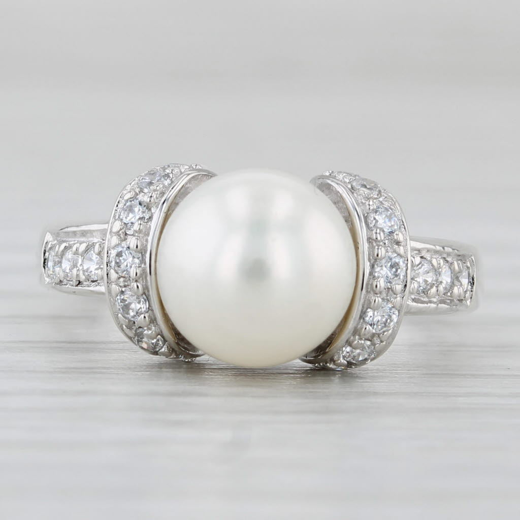 Light Gray Cultured Pearl Cubic Zirconia Ring Sterling Silver Size 6