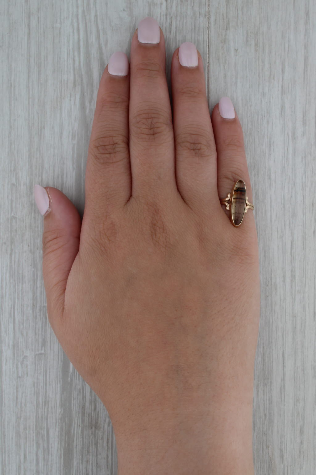 Vintage Montana Agate Cabochon Ring 10k Yellow Gold Size 6 Oval Solitaire