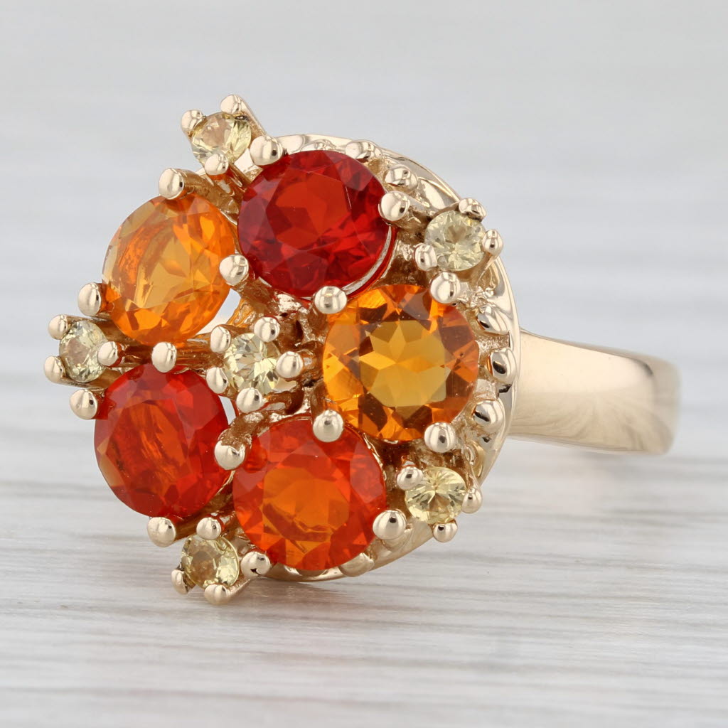 Light Gray Orange Fire Opal Topaz Cluster Ring 14k Yellow Gold Size 7