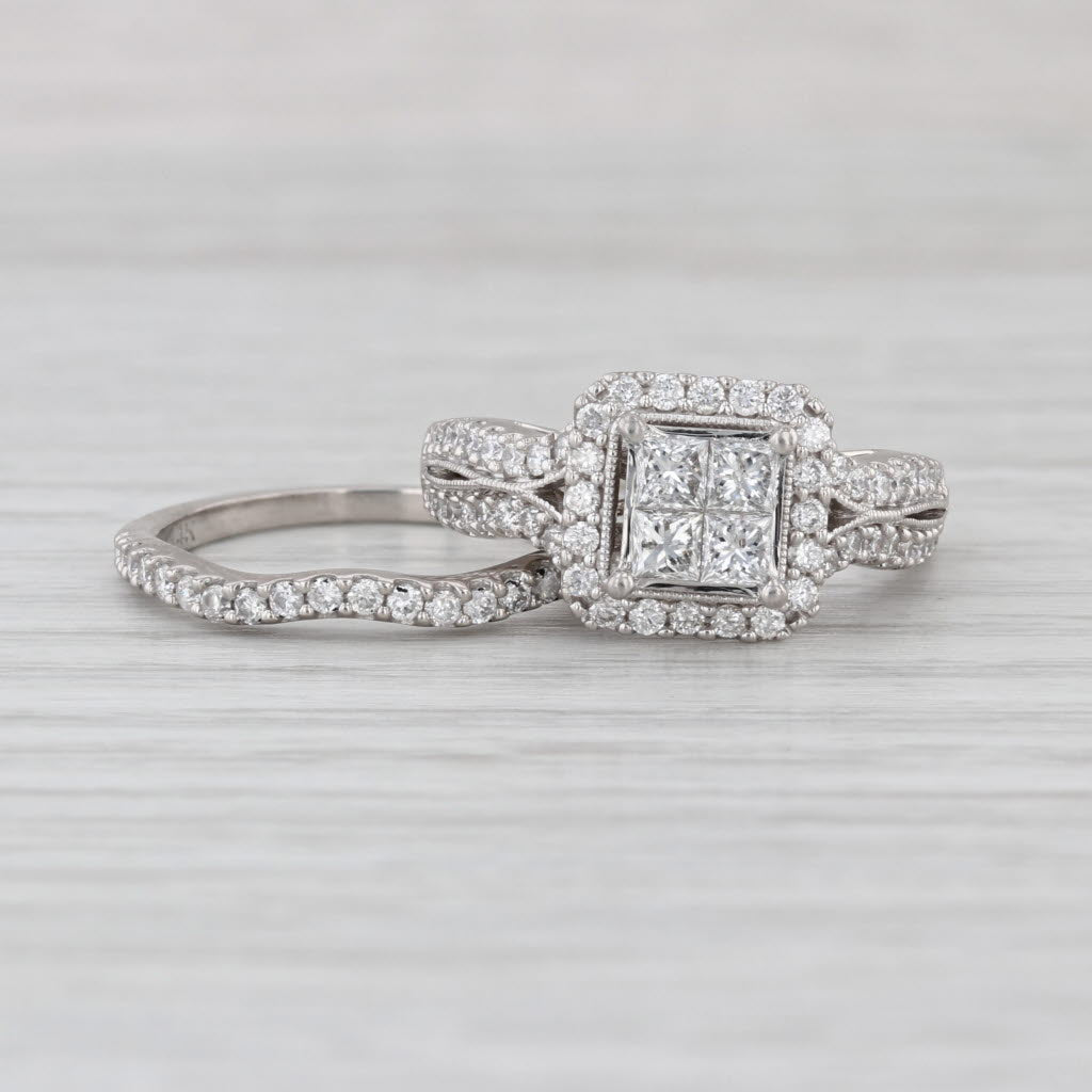 1.41ctw Diamond Halo Engagement Ring Wedding Band Bridal Set 14k White Gold Sz 7