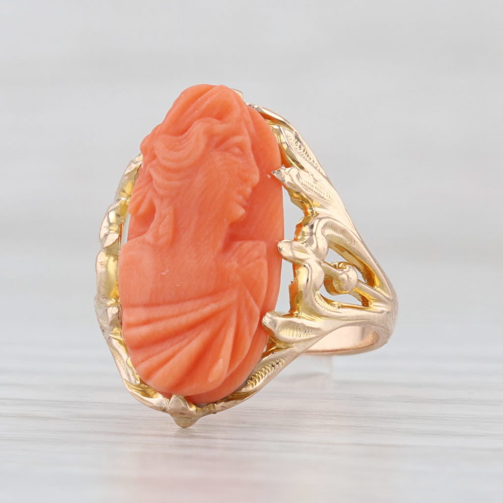 Vintage Carved Coral Cameo Ring 10k Yellow Gold Size 5.25