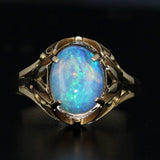 Black Vintage Ornate Opal Ring 18k Yellow Gold Size 5.25 Oval Cabochon Solitaire