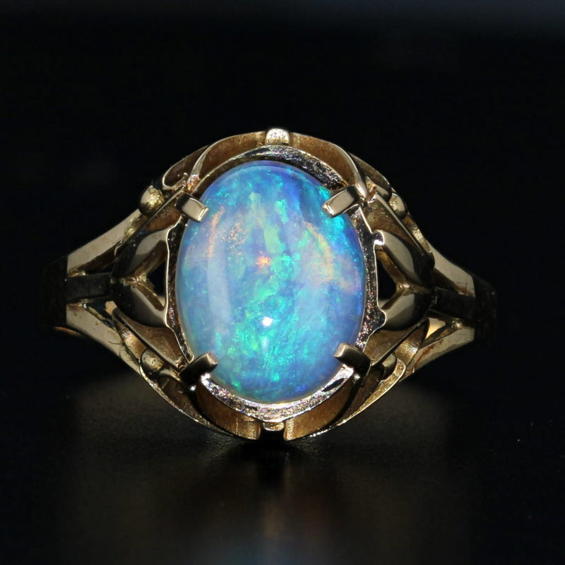 Black Vintage Ornate Opal Ring 18k Yellow Gold Size 5.25 Oval Cabochon Solitaire