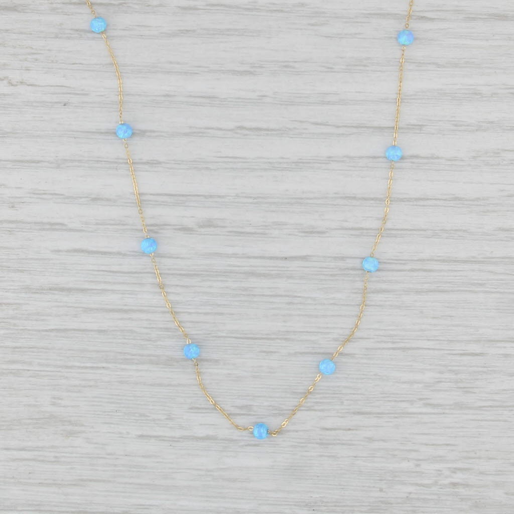 New Lab Created Blue Opal Station Necklace 14k Yellow Gold 14" 16" Cable Chain