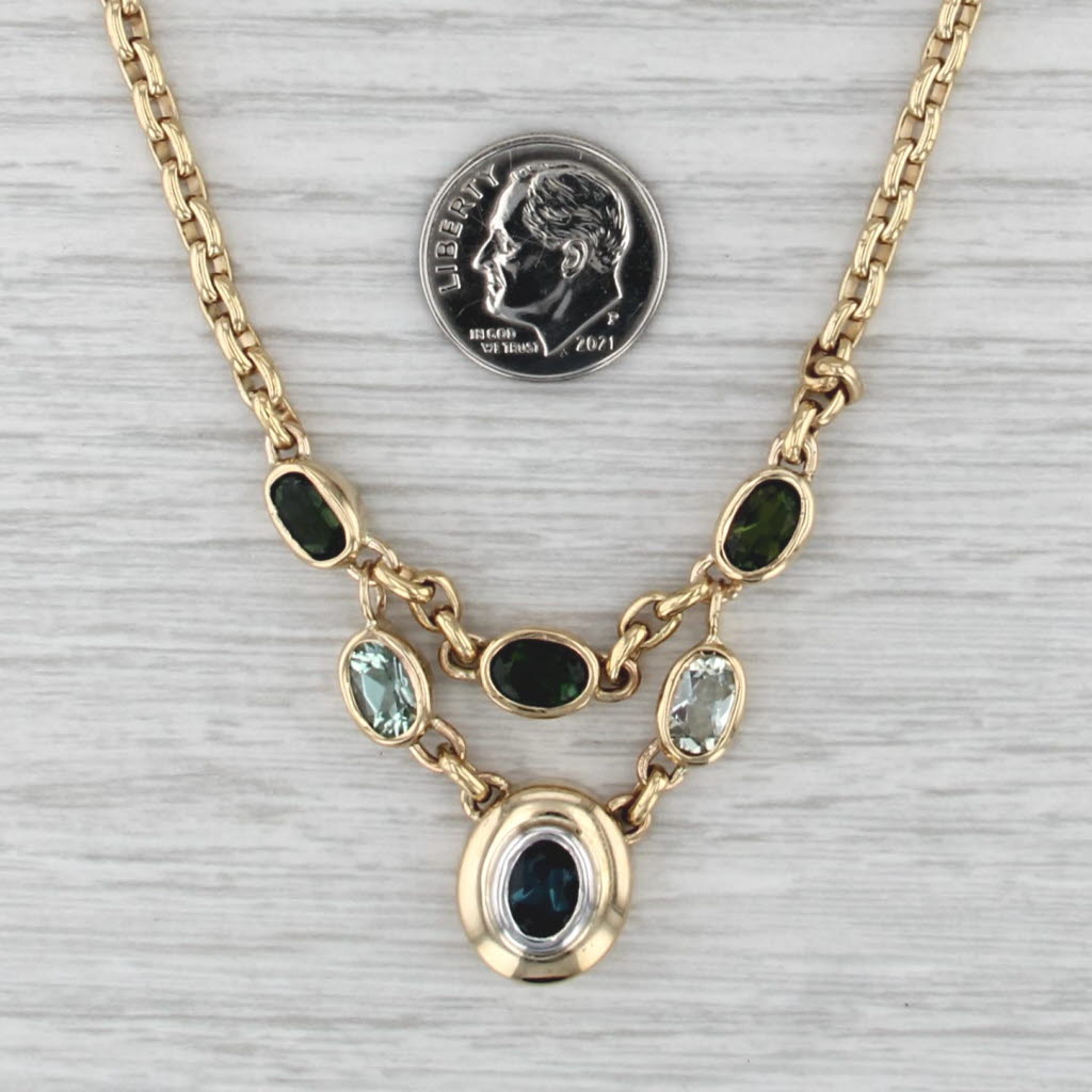 Blue Topaz Green Tourmaline Lariat Necklace 18k 14k Gold 18.25" Cable Chain