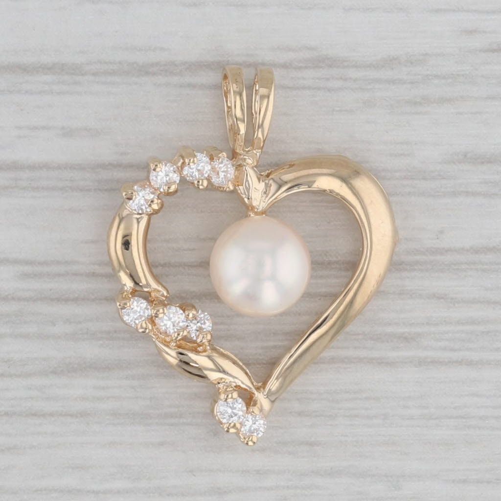 Gray Cultured Pearl Cubic Zirconia Open Heart Pendant 10k Yellow Gold