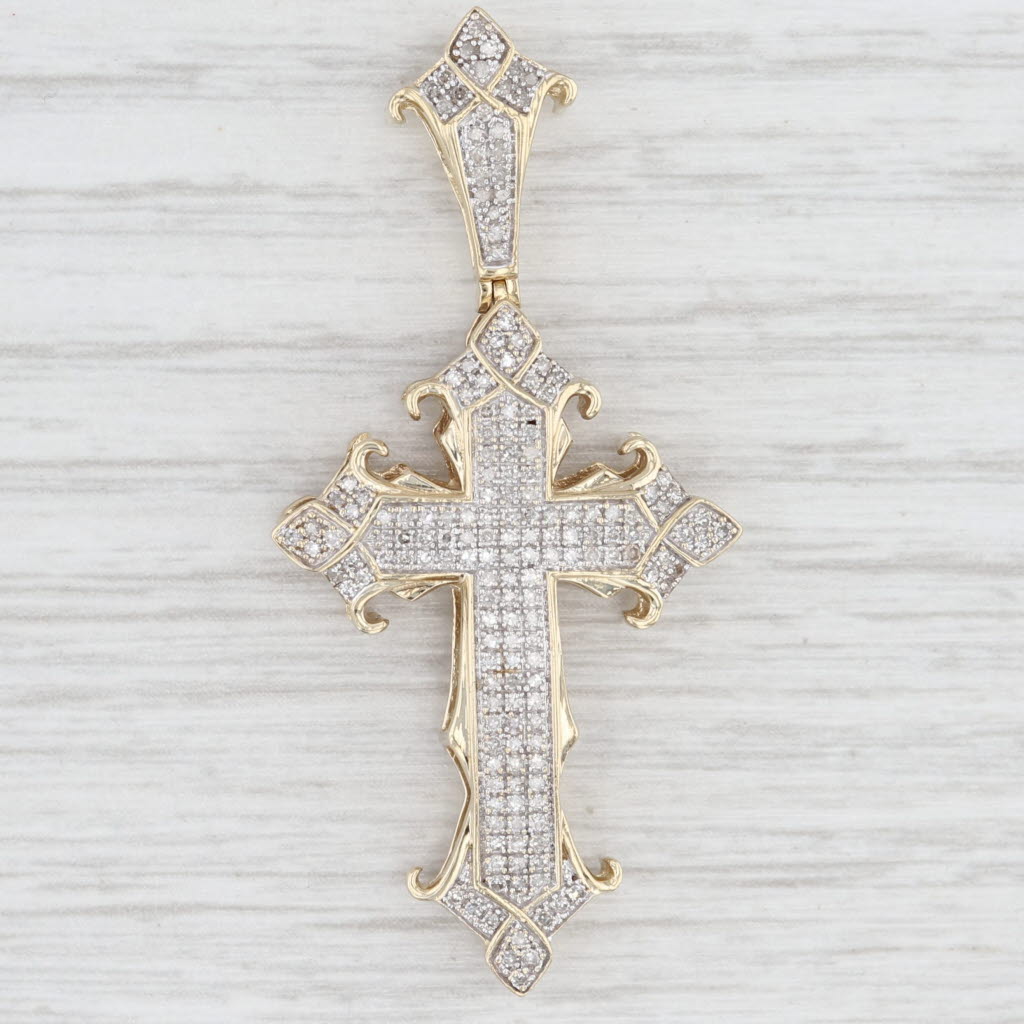 Light Gray 0.50ctw Pave Diamond Cross Pendant 10k Yellow Gold Ornate Statement