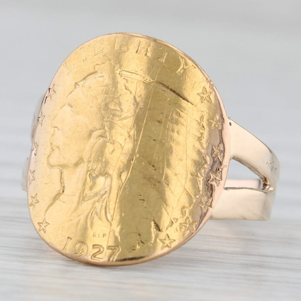 Light Gray Authentic 1927 $2.50 Pressed US Coin Ring 10k 900 Yellow Rose Gold Size 7.75