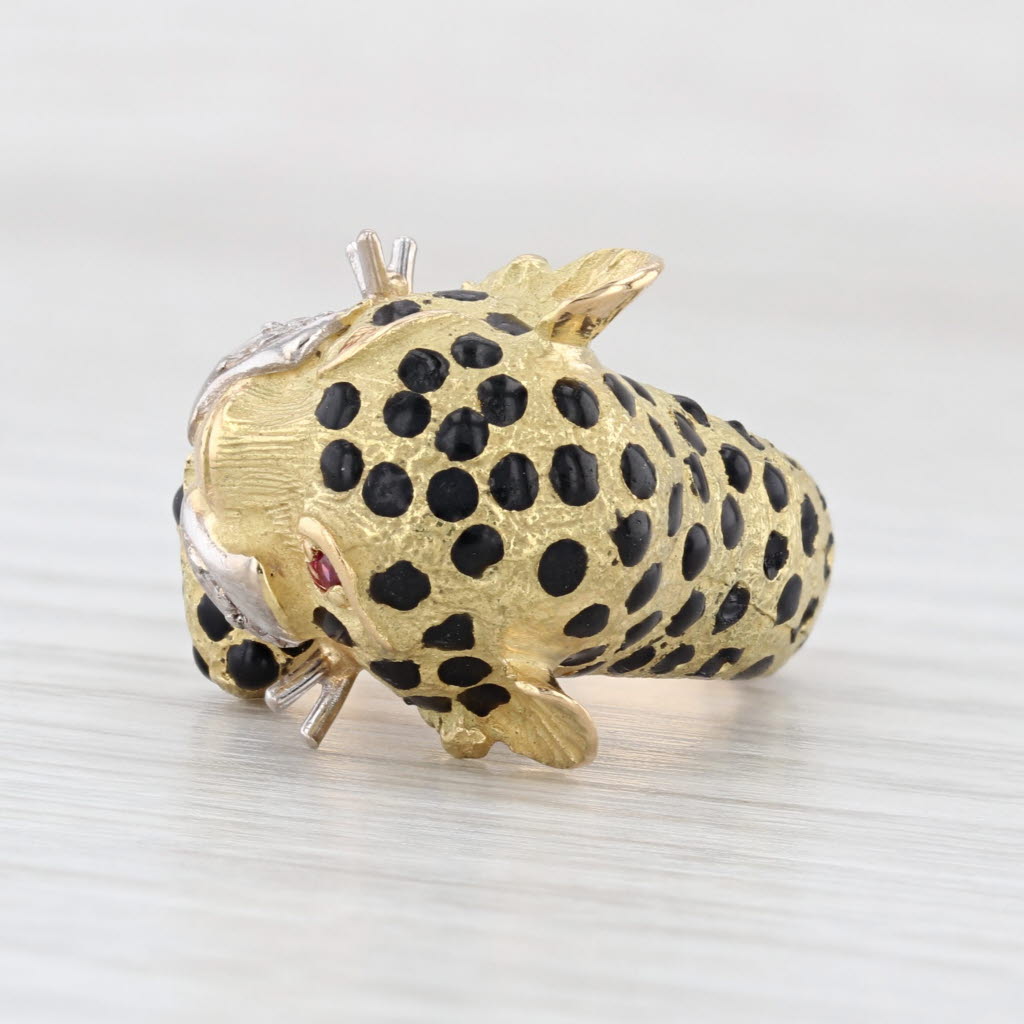 Leopard Ring Diamond Lab Created Ruby 18k Yellow Gold Enamel Statement