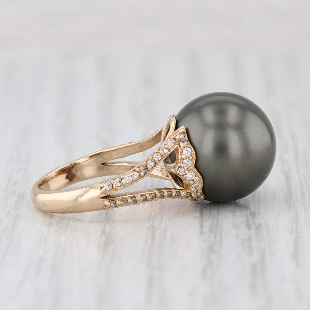 Cultured Black Pearl 0.21ctw Diamond Ring 14k Yellow Gold Size 6.25