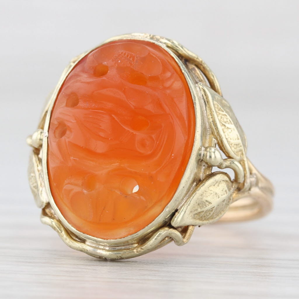 Chocolate Vintage Carved Carnelian Dragon Ring 14k Yellow Gold Leaf Accents Size 6