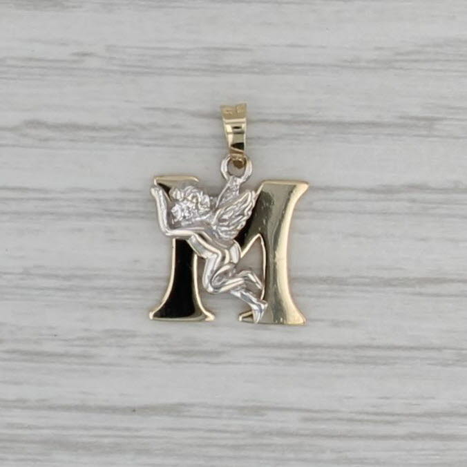 Initial Letter M Cherub Guardian Angel Pendant 14k White Yellow Gold