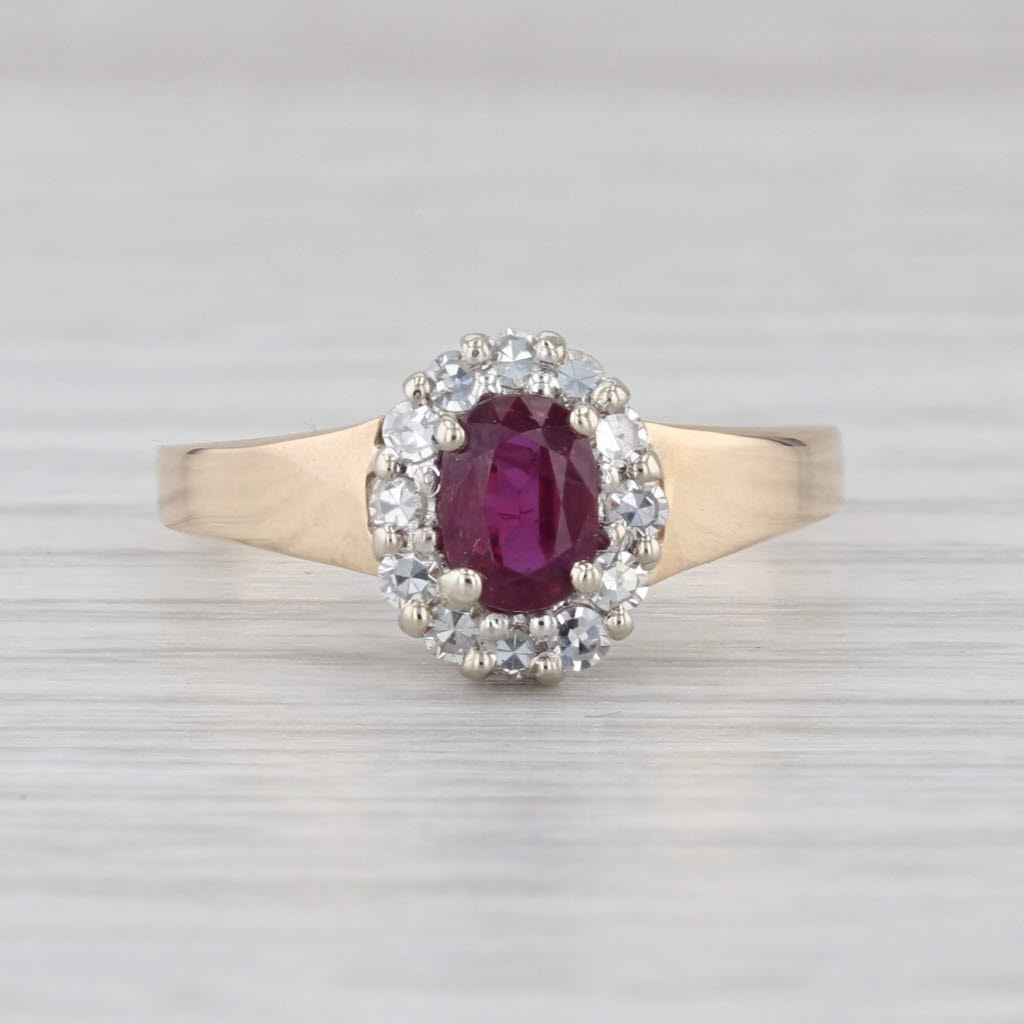 0.76ctw Oval Ruby Diamond Halo Ring 14k Yellow White Gold Size 8