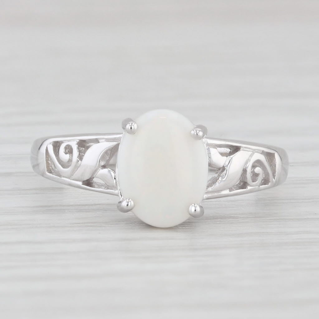 Light Gray Opal Ring 14K White Gold Size 7 Oval Cabochon Soltiaire