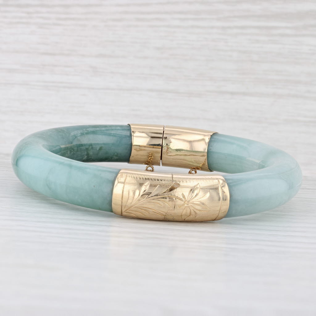 Light Gray Green Jadeite Jade Engraved Flowers Bangle Bracelet 14k Yellow Gold 7.25"