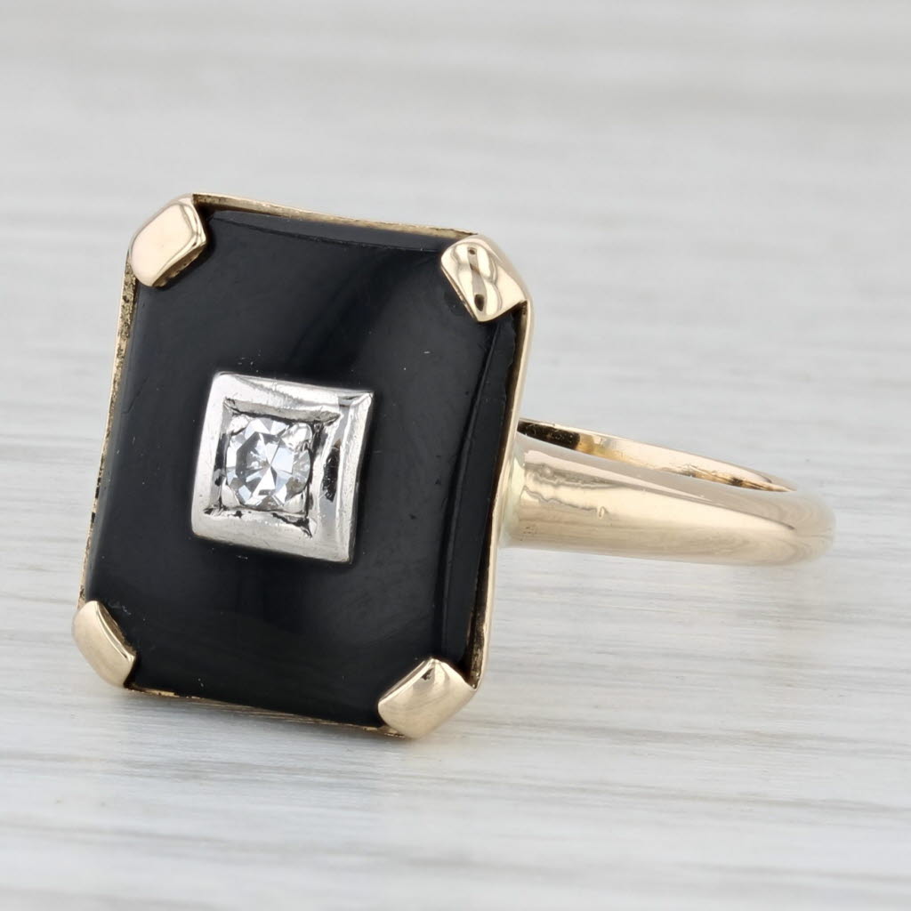 Light Gray Vintage Onyx Diamond Signet Ring 14k Yellow Gold Size 8