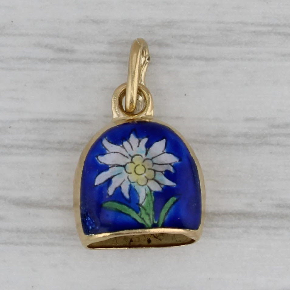 Gray Vintage Edelweiss Flower Bell Charm 18k Gold Enamel Souvenir Souvenir Pendant