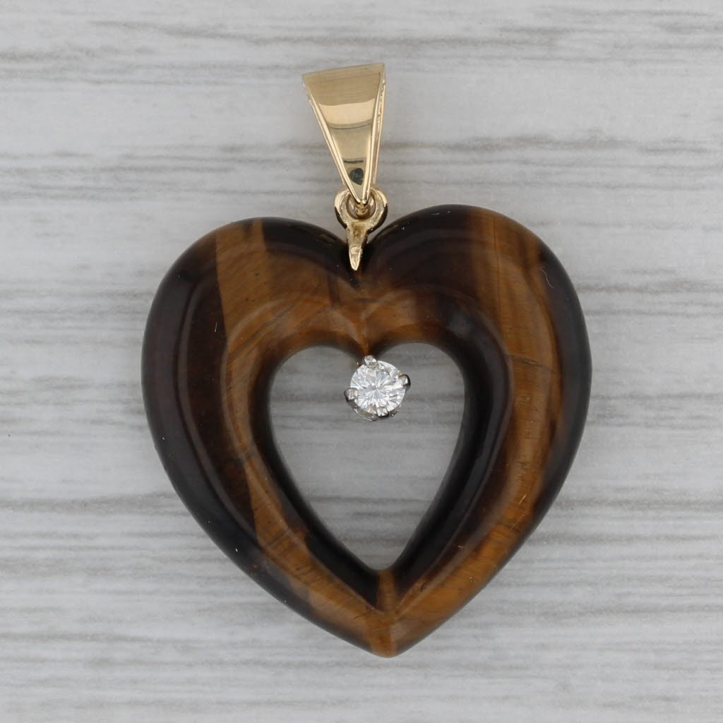 Dark Gray Tiger's Eye Open Heart Diamond Pendant 18k Yellow Gold