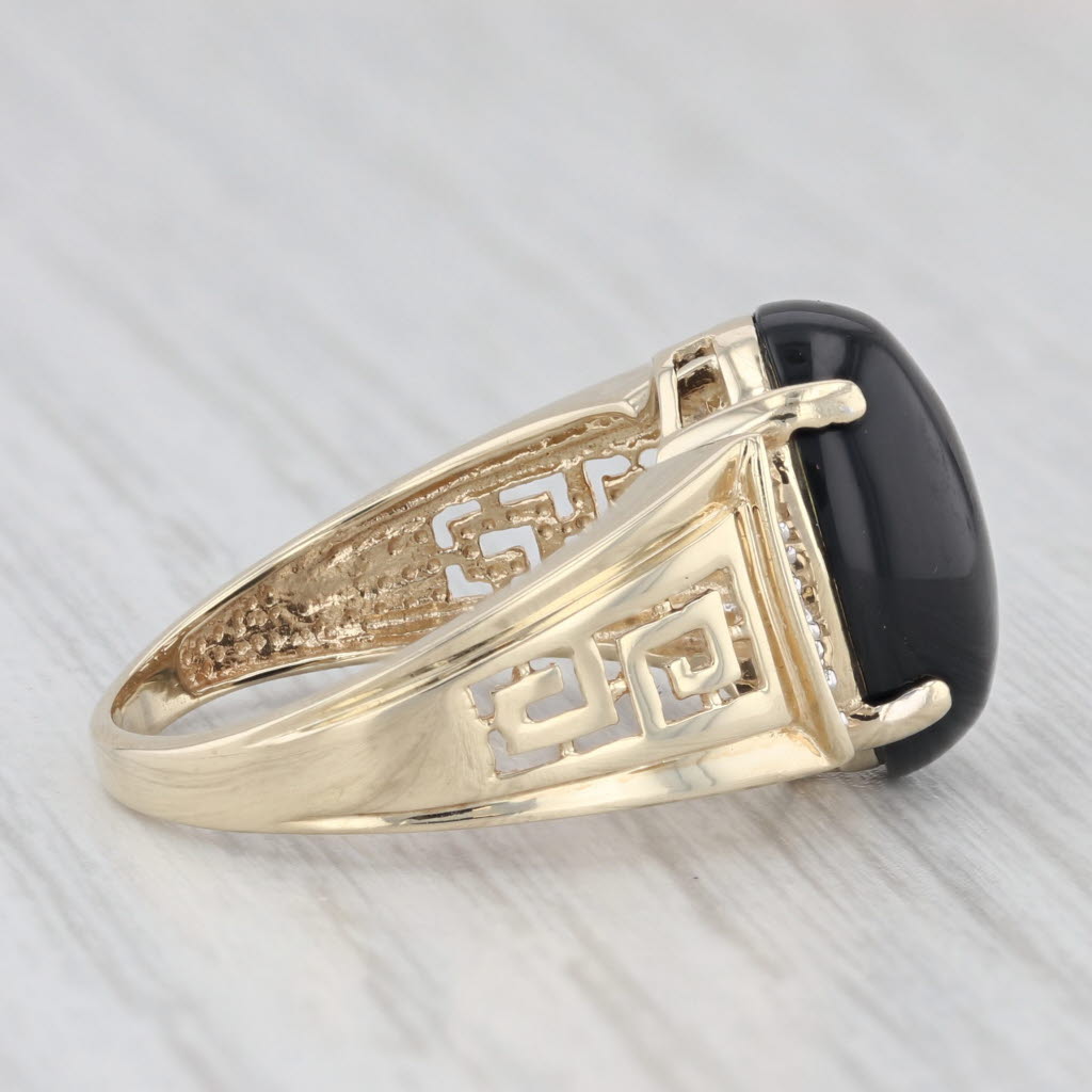 Light Gray Onyx Cabochon Onyx Solitaire Ring 10k Yellow Gold Size 7.25 Greek Key Pattern