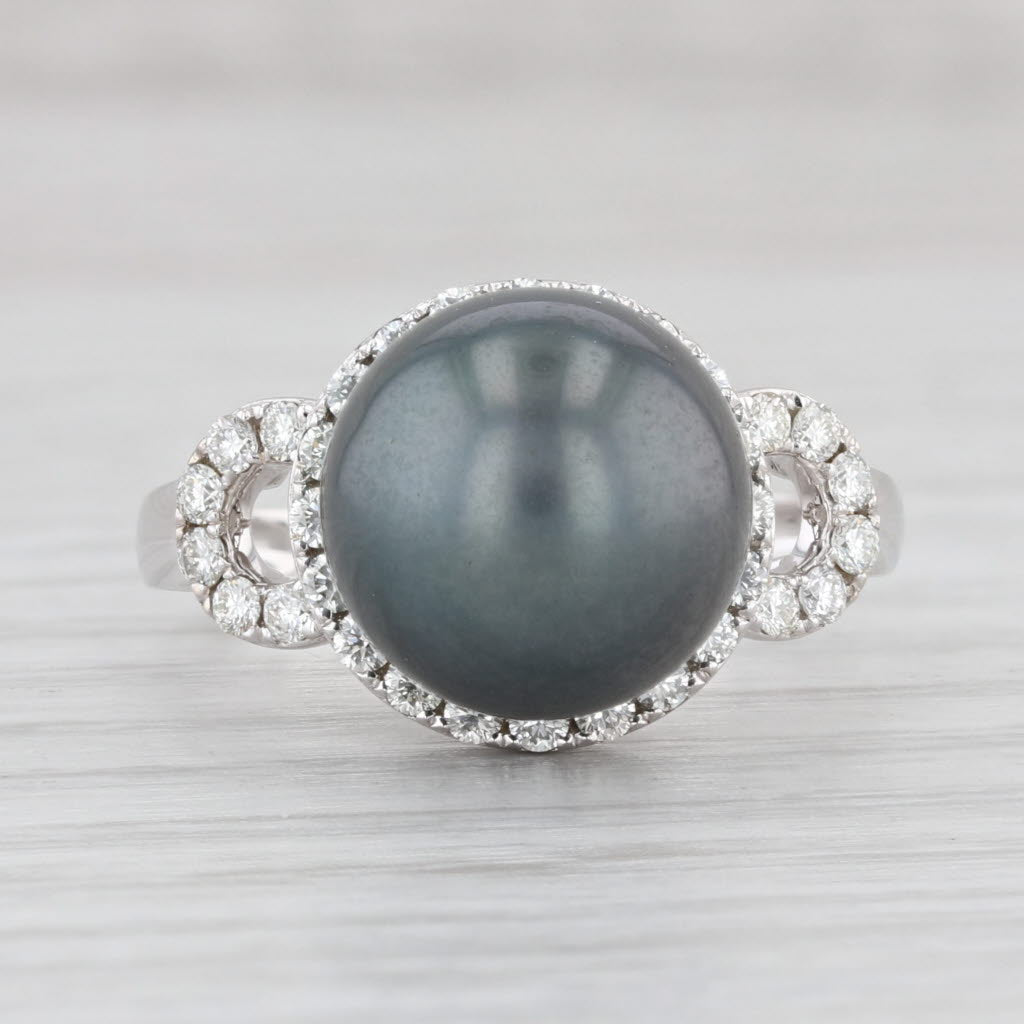 Light Gray New Tahitian Black Pearl 0.55ctw Diamond Halo Ring 14k White Gold Size 7