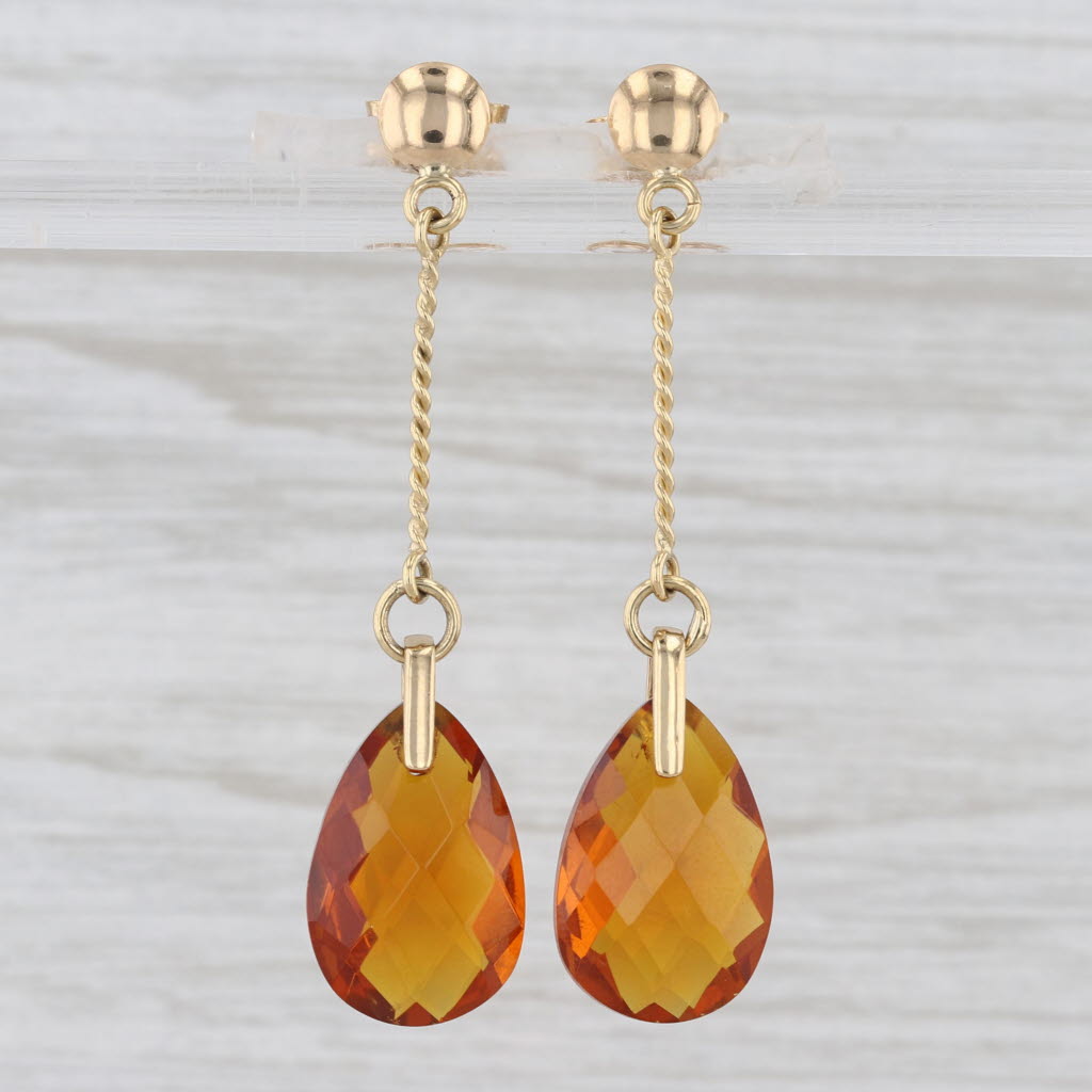 Vintage Orange Glass Teardrop Earrings 18k Yellow Gold Pierced Dangles