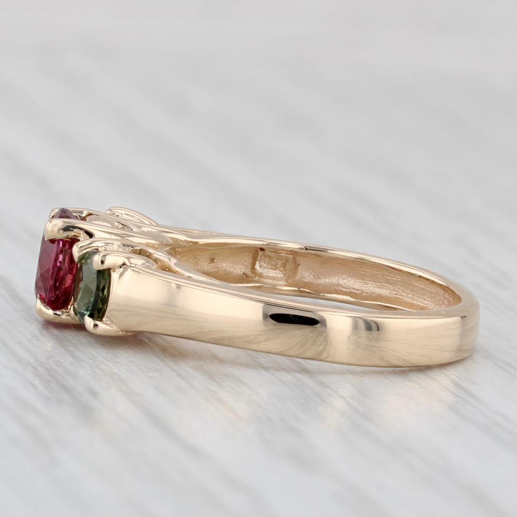 Light Gray 1.51ctw 3-Stone Rubellite Green Tourmaline Ring 14k Yellow Gold Size 5.25