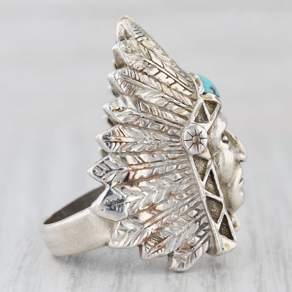 Vintage Native American Chief Turquoise Ring Sterling Silver Size 10 Signed