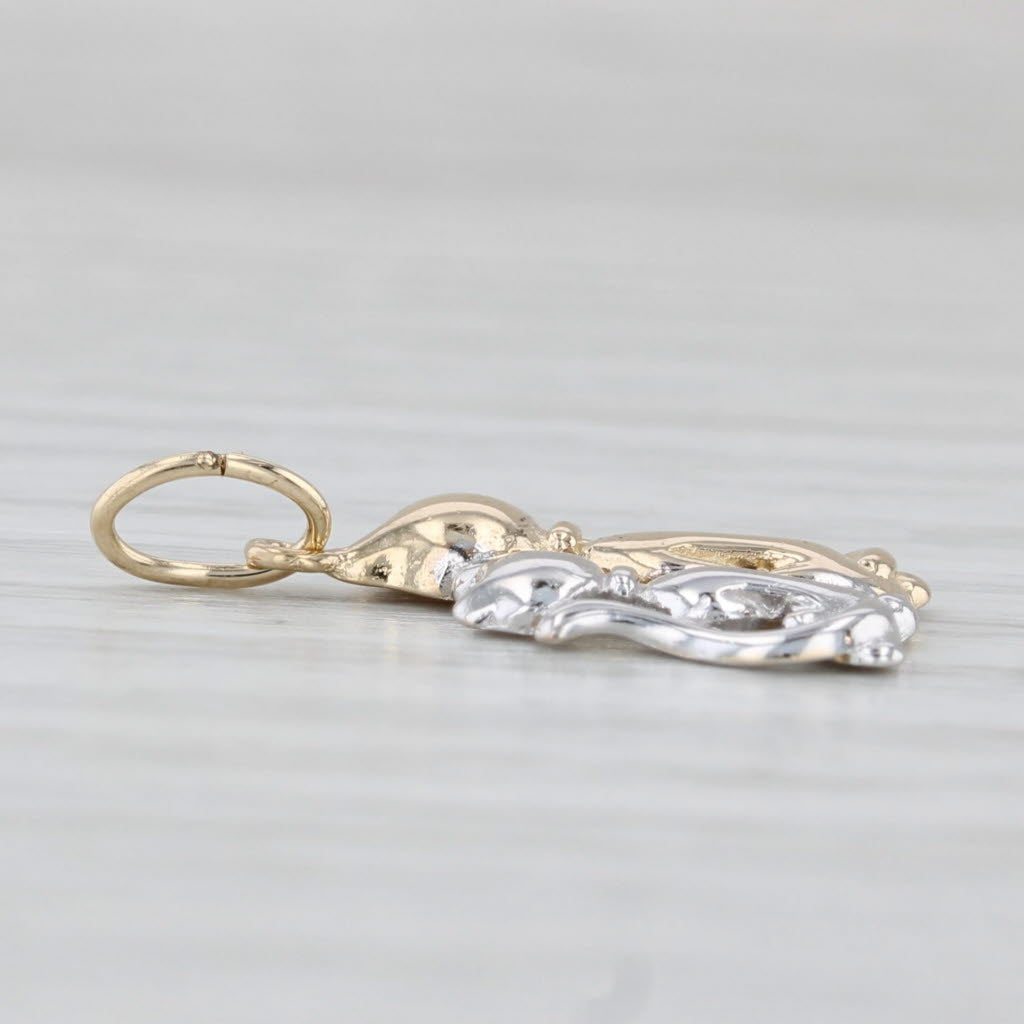 Light Gray 2-Toned Cat Charm 14k White Yellow Gold Light Weight Pendant