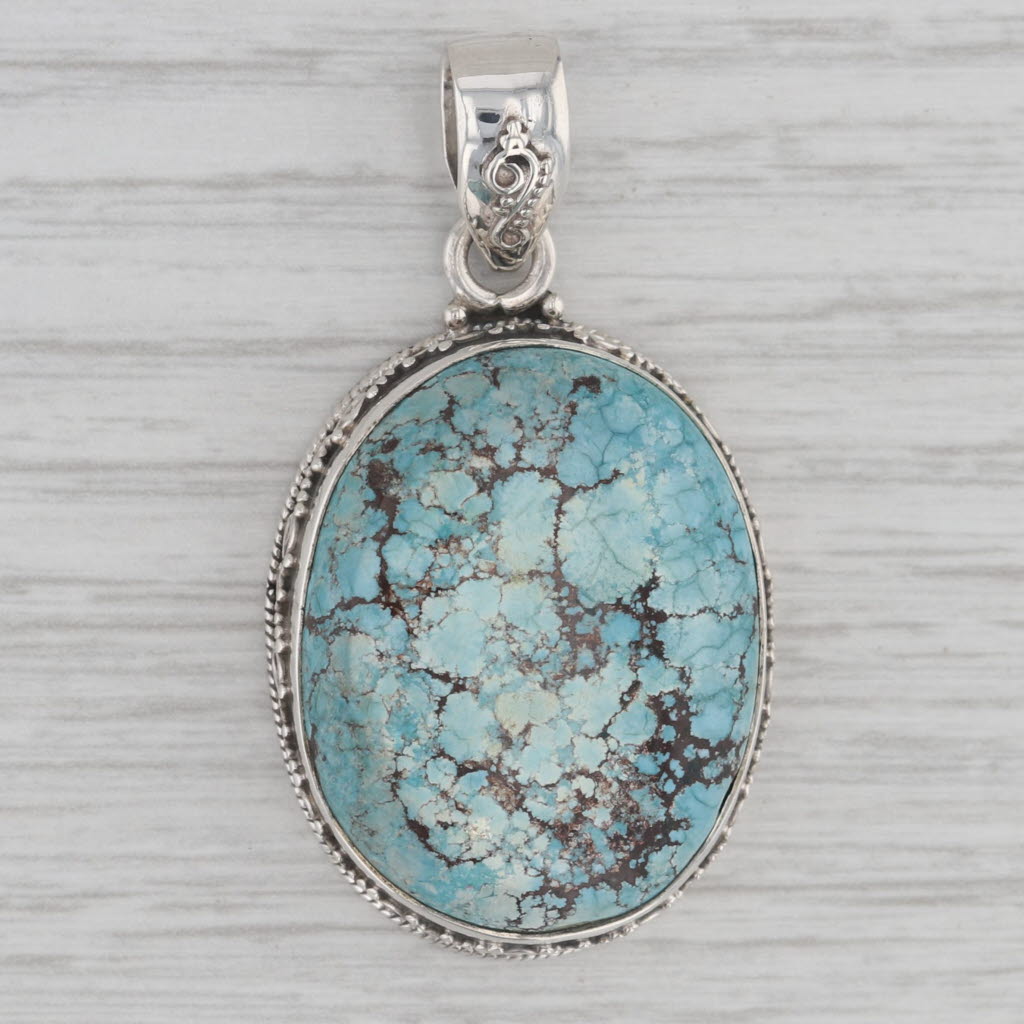 Gray Oval Cabochon Turquoise Statement Pendant Sterling Silver