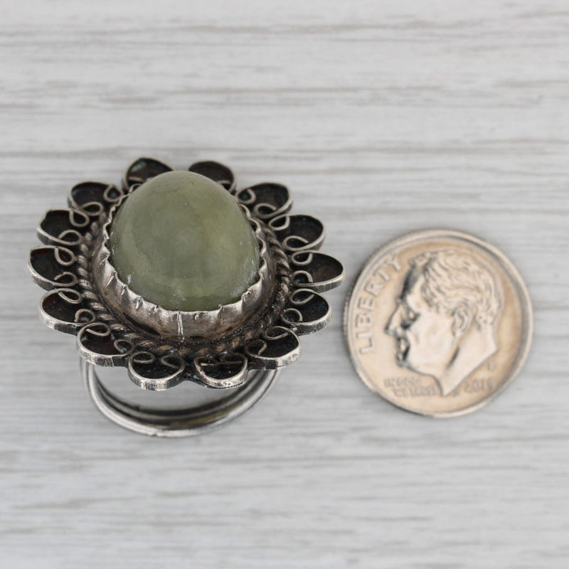 Gray Vintage Southwestern Green Oval Cabochon Ring Sterling Silver Size 6 Statement