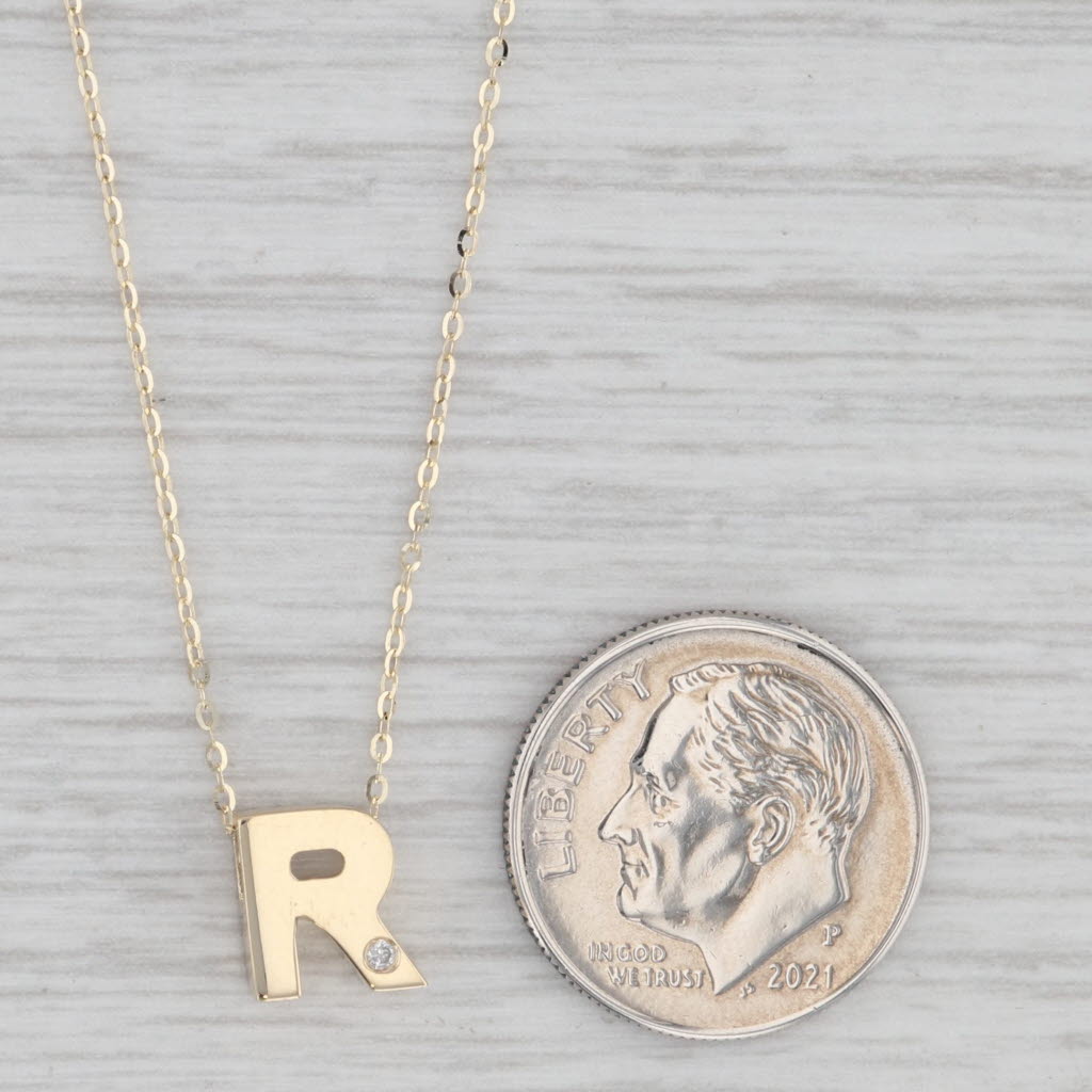 Gray Letter Initial "R" Pendant Necklace 14k Yellow Gold Diamond Accent 16-18" Cable