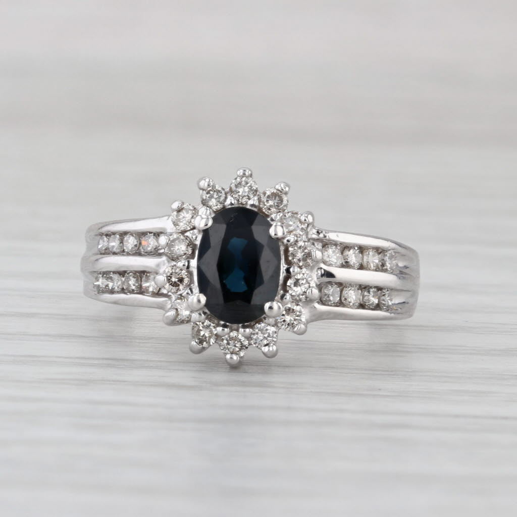 1.37ctw Oval Blue Sapphire Diamond Halo Ring 14k White Gold Size 7