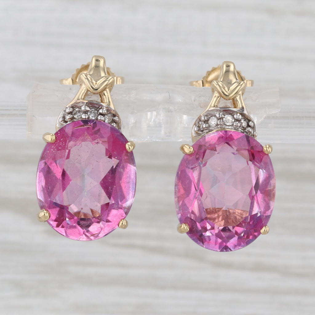 9.70ctw Oval Pink Mystic Topaz Diamond Drop Earrings 14k Yellow Gold