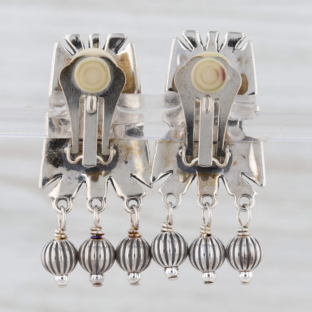 Green Stone Clip On Earrings Sterling Silver Bead Fringe Carolyn Pollack