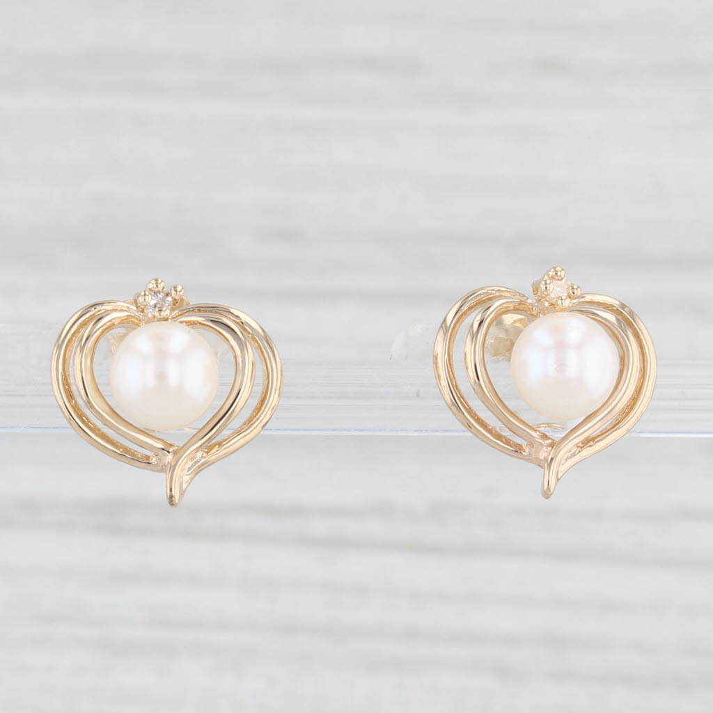 Light Gray Cultured Pearl Diamond Heart Stud Earrings 14k Yellow Gold