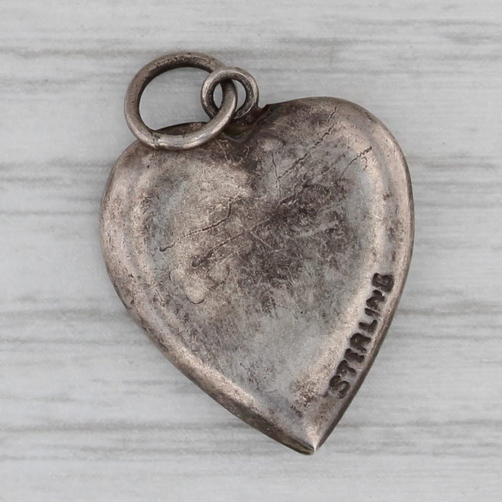 Gray Vintage Puffy Heart Grape Leaf Charm Sterling Silver Ornate Pendant