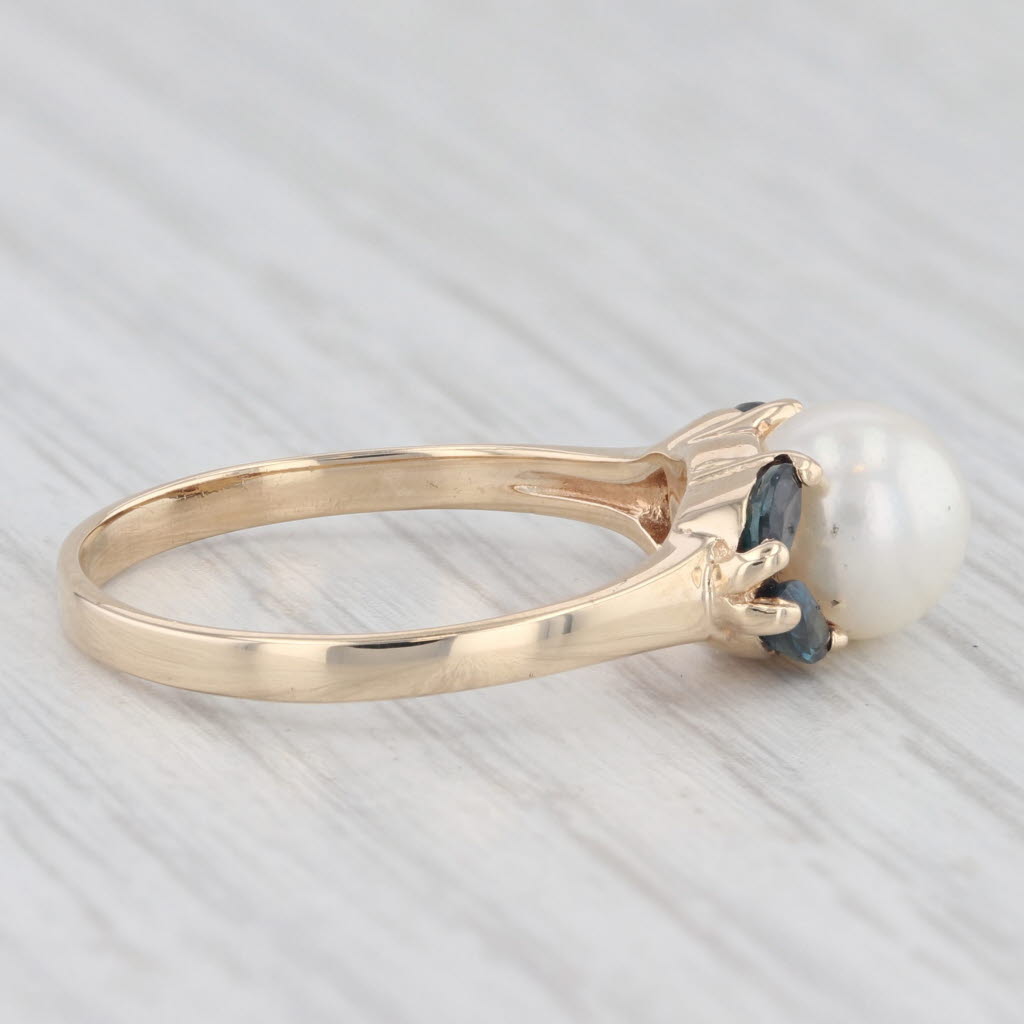 Light Gray Cultured Pearl Blue Sapphire Ring 10k Yellow Gold Size 6.75