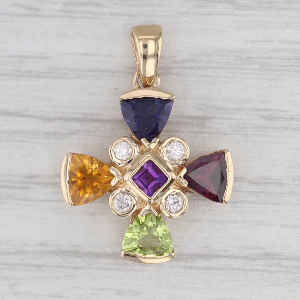2.13ctw Gemstone Cross Pendant 14k Gold Amethyst, Iolite Garnet Peridot Citrine