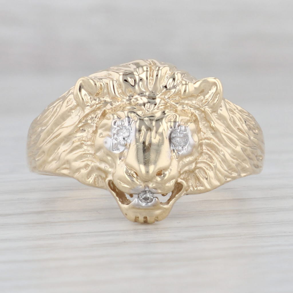 Light Gray Diamond Lion Ring 10k Yellow Gold Size 13.25 Statement Animal Jewelry