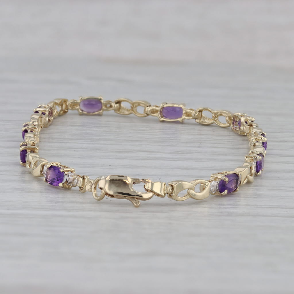 Gray 2ctw Amethyst Bracelet 10k Yellow Gold Diamond Accents 7" 3.5mm