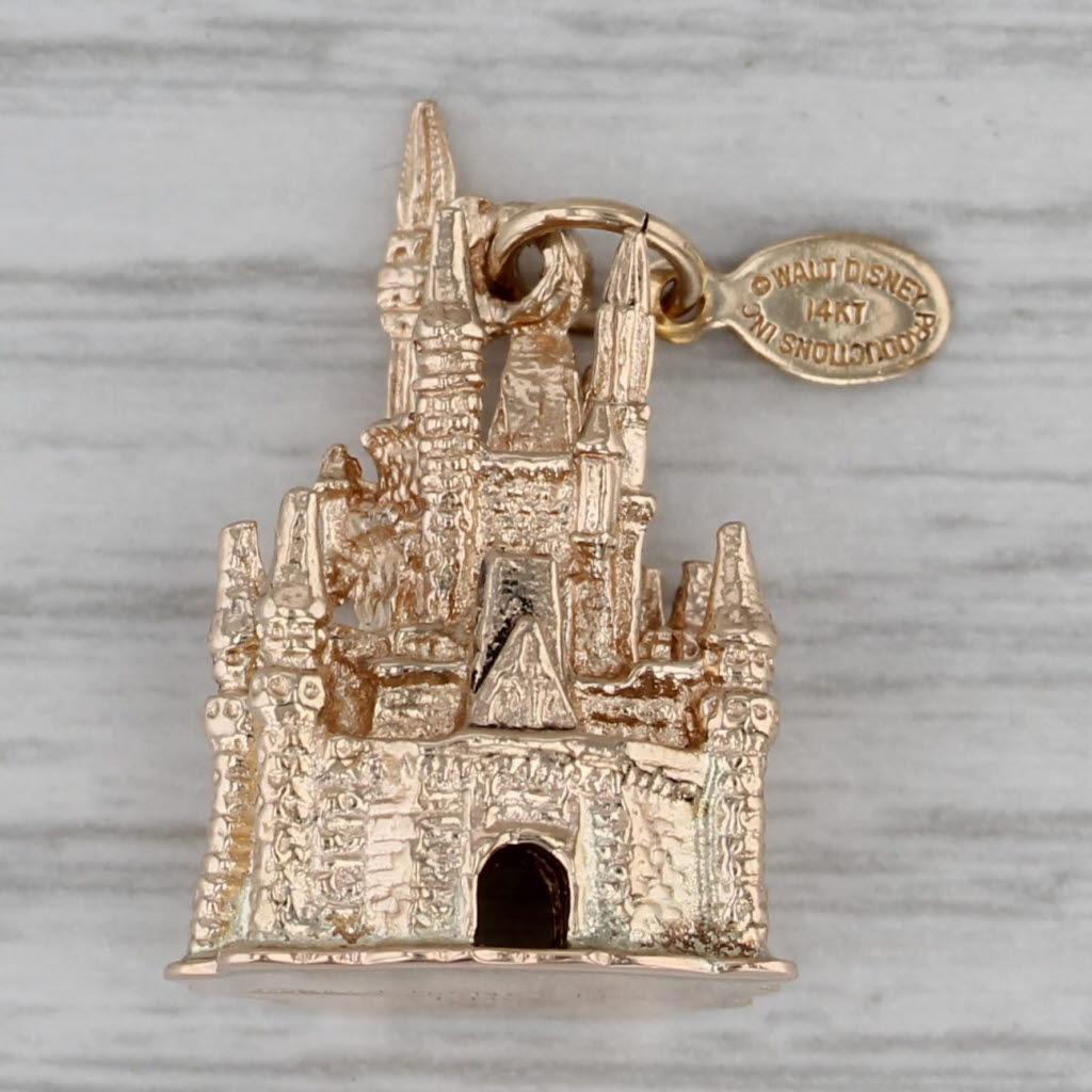 Dark Gray Disney Castle Charm 14k Yellow Gold Souvenir 3D Pendant 3D Detailing