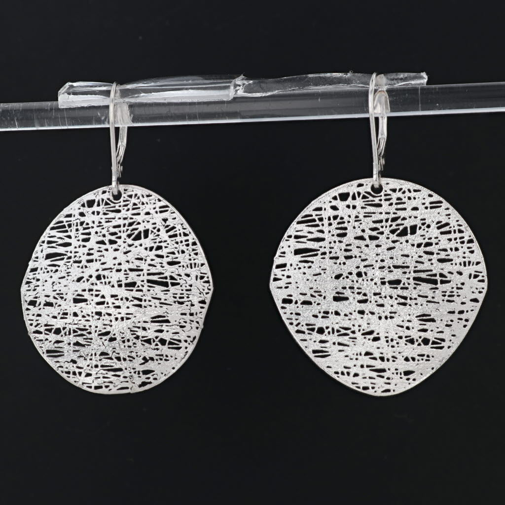 Light Gray Flossy Webbed Dangle Circle Statement Earrings Sterling Silver Lever Back Drops