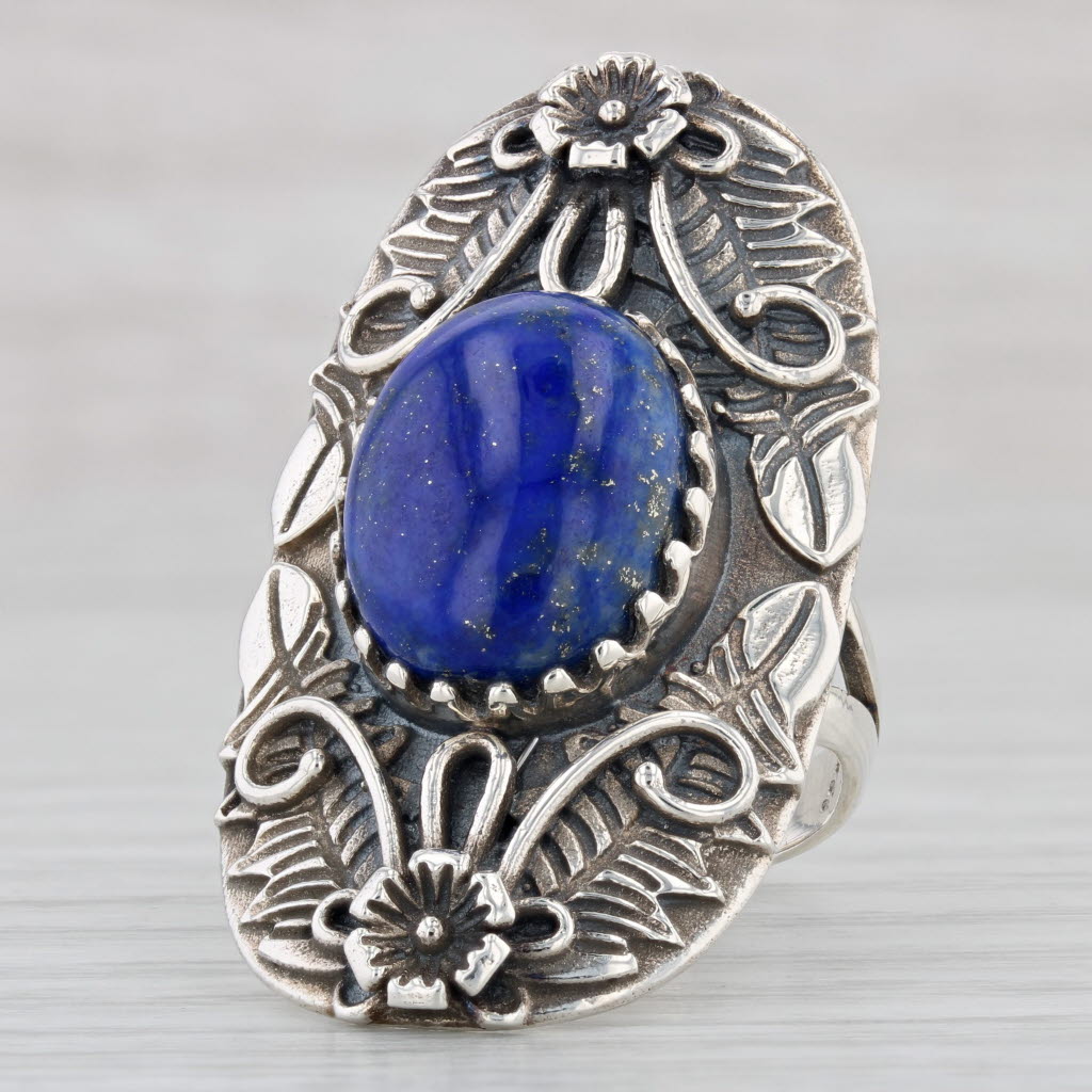 Light Gray Southwestern Lapis Lazuli Floral Statement Ring Sterling Silver Sz 8.25 Vintage