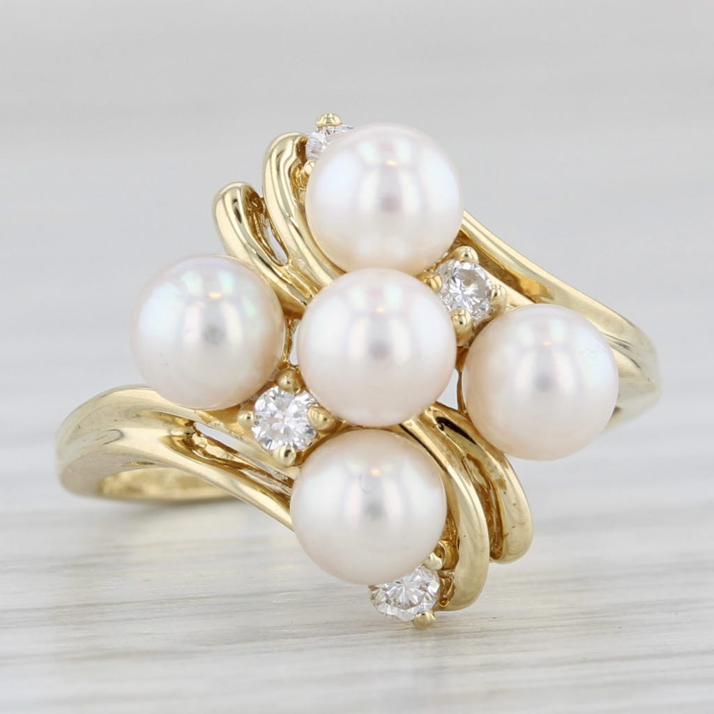 Light Gray Cultured Pearl 0.12ctw Diamond Cluster Ring 18k Yellow Gold Size 5 Bypass