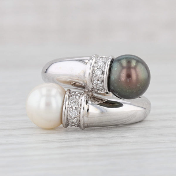 Light Gray Black White Cultured Pearl 0.10ctw Diamond Bypass Ring 14k White Gold Size 6.75