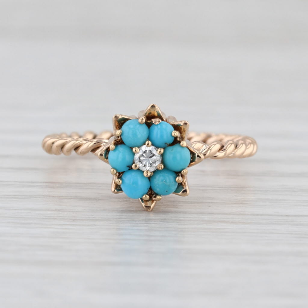 Antique Turquoise Diamond Flower Ring 14k Yellow Gold Size 6.5