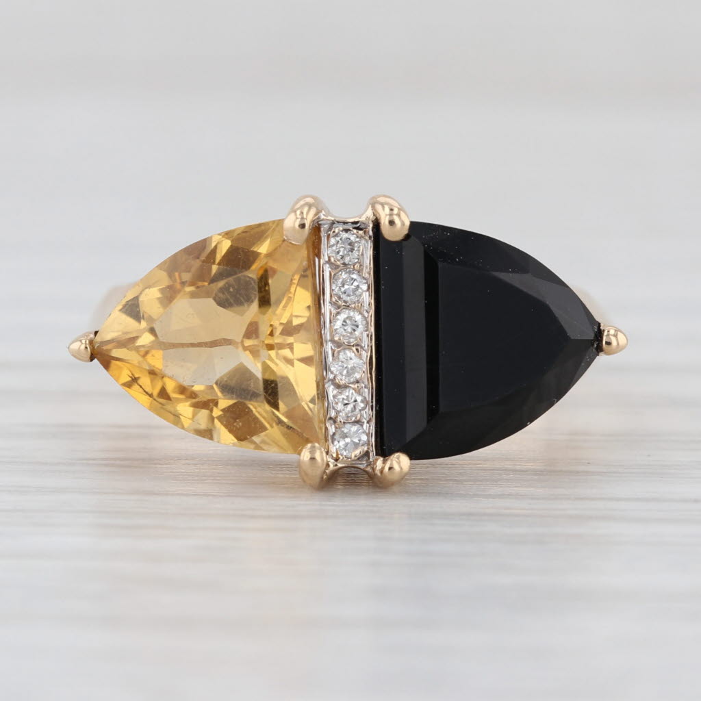 Black Onyx Yellow Citrine Diamond Ring 14k Yellow Gold Size 8-8.25