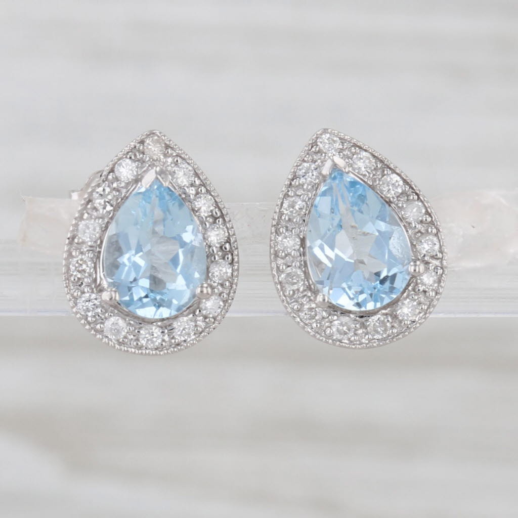 1.50ctw Aquamarine Diamond Halo Teardrop Stud Earrings 14k White Gold