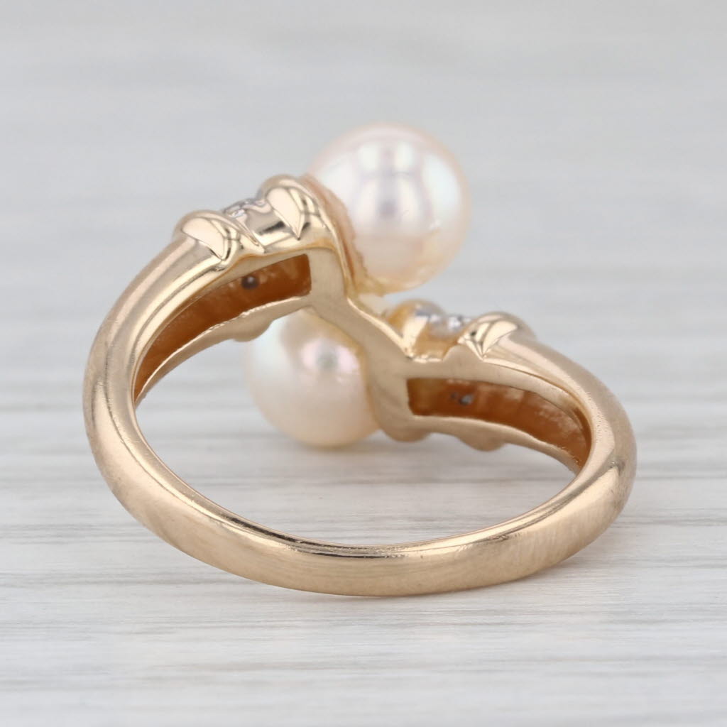 Cultured Pearl Bypass Ring 14k Yellow Gold Size 6.75 Diamond Accents