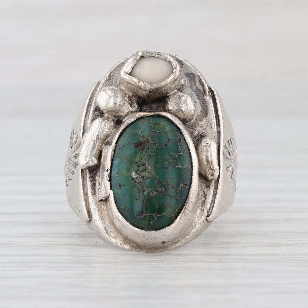 Vintage Native American Green Turquoise Shell Ring Sterling Silver Size 8.75
